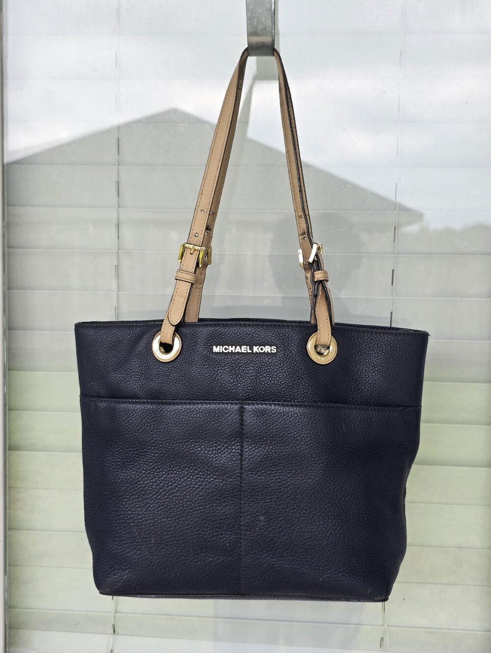Michael Kors Navy Blue Pebbled Leather Tote Shoulder Bag Gold Tone Tan Straps